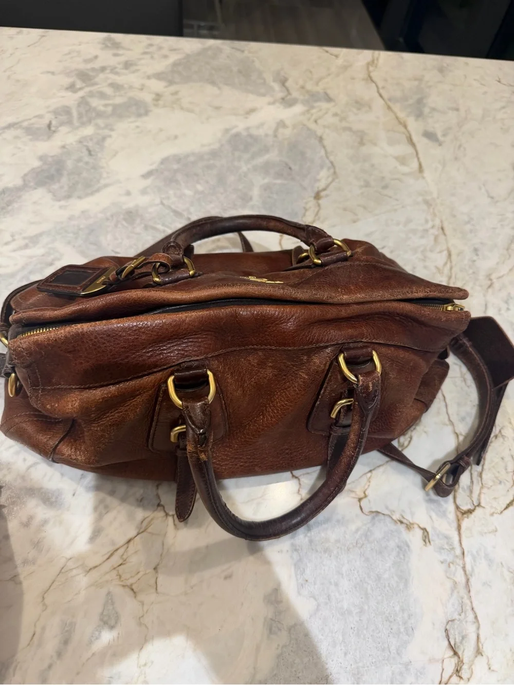 Prada Cognac Leather Satchel with Gold Hardware
